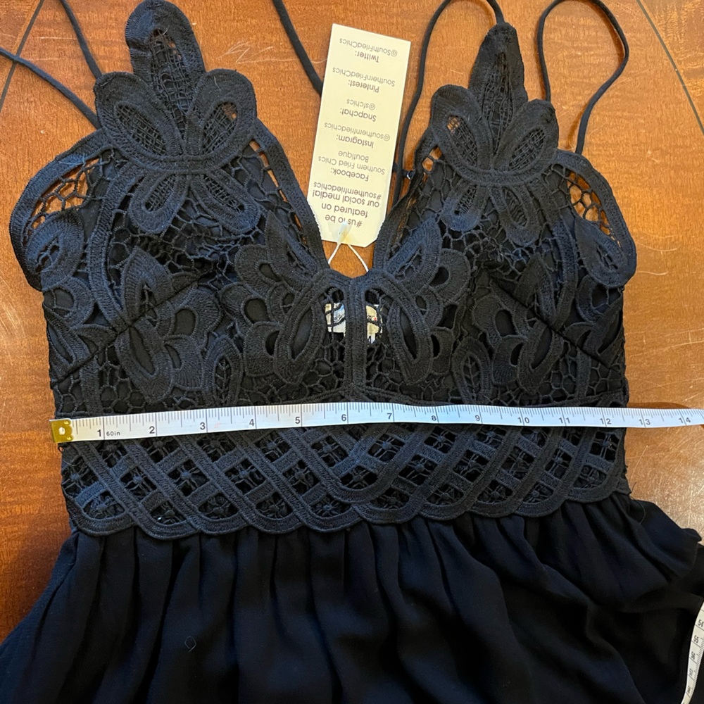 Lace bodice mini black dress. V-neck, A-silhouette skirt, uneven hem. NWT. Sz S - Picture 15 of 16